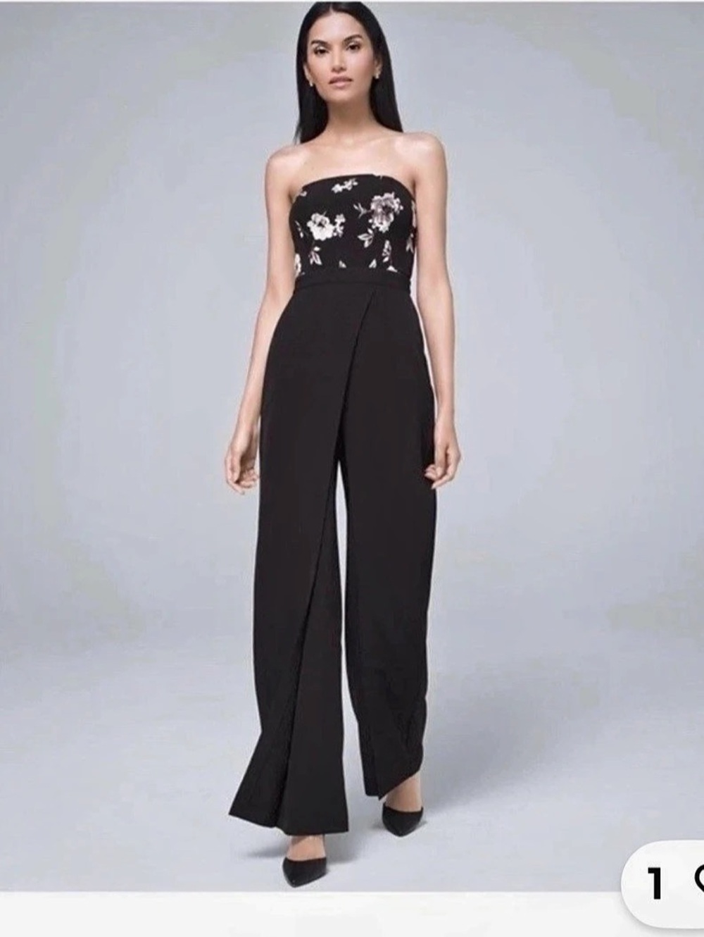 White House Black Market Black Strapless Floral Bust Wide-Leg Jumpsuit Size 10